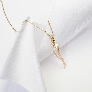 10K Gold Horn Cornicello Pendant, Real Gold Chili Good Luck & Protection Charm